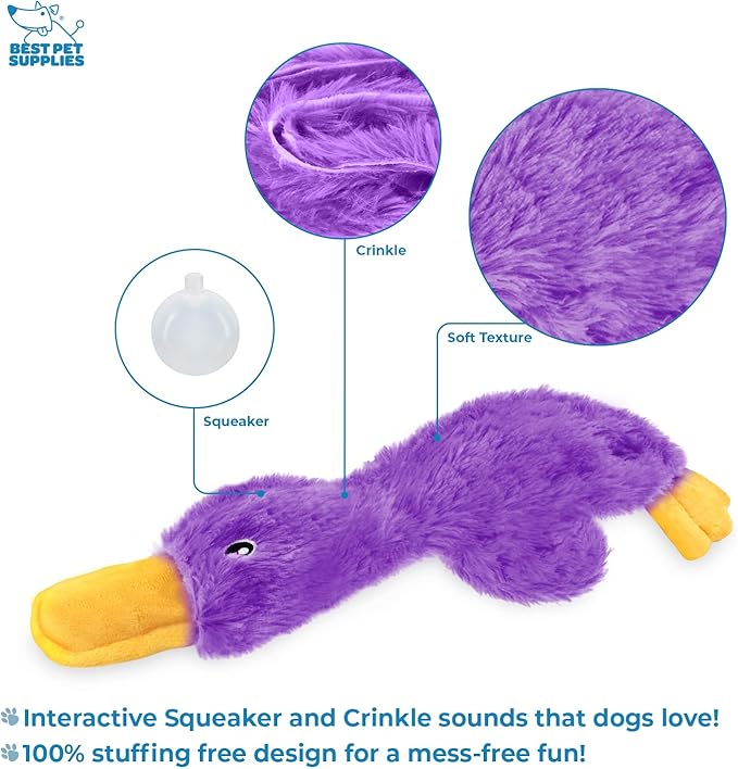 Best Pet Supplies Crinkle Dog Toy for Small, Medium, and Large Breeds, Cute No Stuffing Duck with Soft Squeaker, Fun for Indoor Puppies and Senior Pups, Plush No Mess Chew and Play - Light Purple - PAWPICO