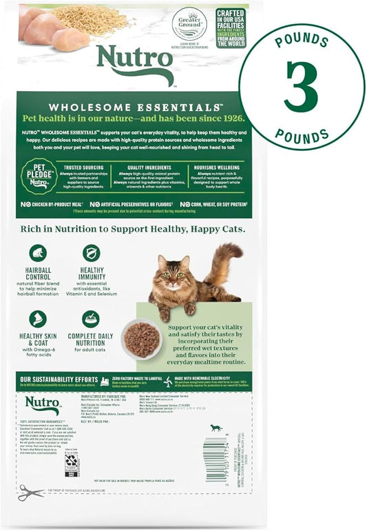 NUTRO WHOLESOME ESSENTIALS Adult Hairball Control Natural Dry Cat Food Farm-Raised Chicken & Brown Rice Recipe, 3 lb. Bag - PAWPICO