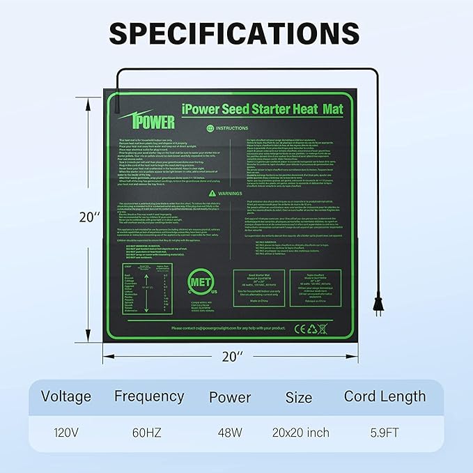 iPower 20" x 20" Warm Hydroponic Seedling Heat Mat and Digital Thermostat Control Combo Set for Seed Germination, Black iPower