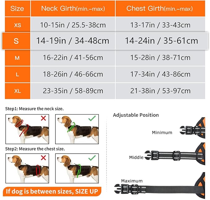 Timos Dog Harness Small Sized, No Pull Dog Harness with Neck Lockable Snap,No Choke Front Clip Dog Reflective Harness,Adjustable Metal Rings 3 Buckles,Easy Control Handle for Small Dogs Orange S Timos