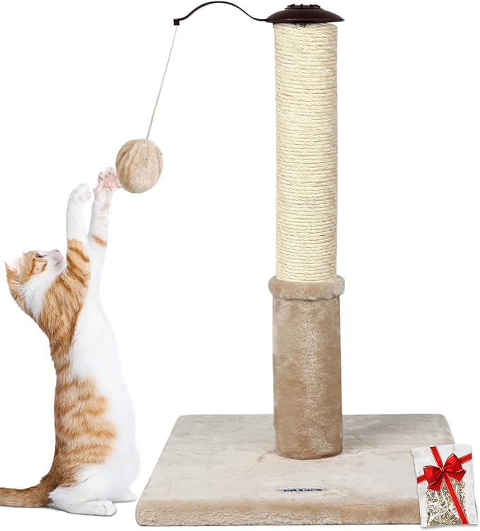 Happi N Pets 22" Cat Scratching Post, Natural Sisal Scratchers Trees for Indoor Cats, Featuring with Rotatable Hanging Balls & Stable Base, Cat Scratch Posts for Kittens-Beige - PAWPICO