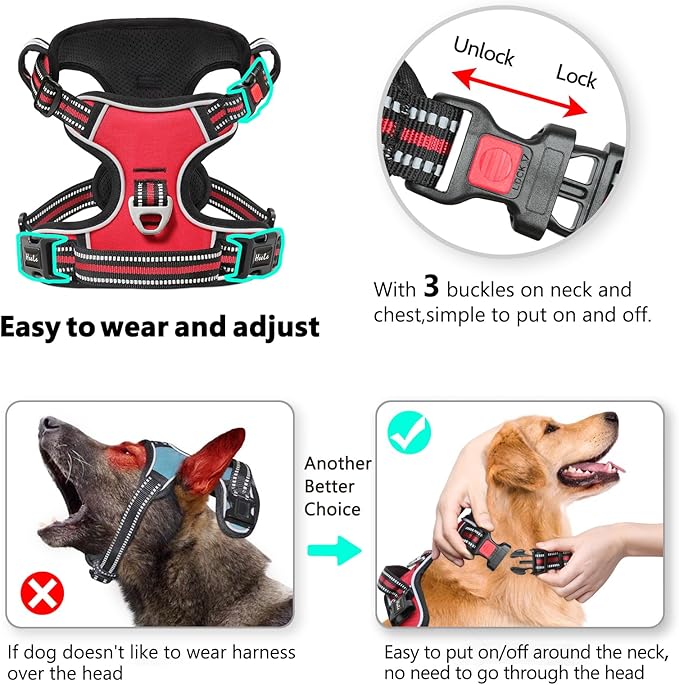 Timos Dog Harness Medium Sized, No Pull Dog Harness with Neck Lockable Snap,No Choke Front Clip Dog Reflective Harness,Adjustable Metal Rings 3 Buckles,Easy Control Handle for Medium Dogs Red M Timos