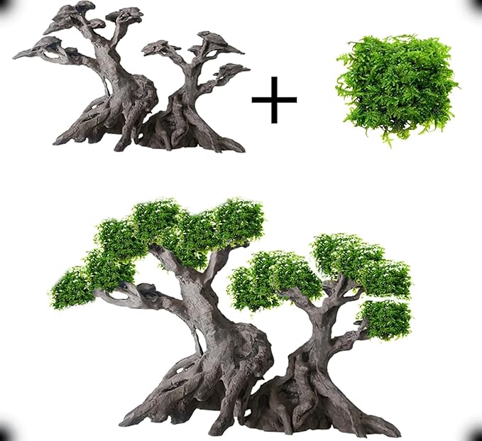 Fish Tank Decor- Bonsai Trees with Faux Moss- Aquarium Rocks Aquascaping- Made of Sandstone, Goldfish Betta Fish Tank Decorations Hides Accessories Novelsite