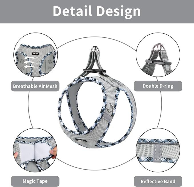 AMTOR Small Dog Harness with Leash Set, No Escape Easy Walk Puppy Harnesses for Training Walking, Step-in Reflective Soft Dogs Vest for XS S Medium Extra-Small Large Sized Dog(Grey) AMTOR