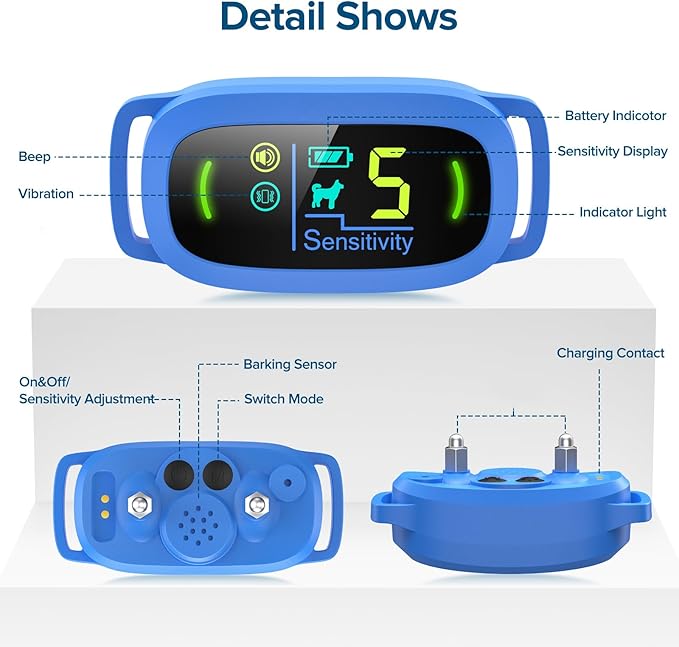 Bark Collar, Rechargeable Dog Bark Collar with 5 Adjustable Sensitivity and Intensity Beep Vibration, Anti Barking Collar for Small Medium Large Breed Dogs (Blue) FAFAFROG