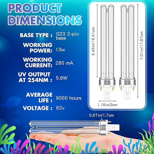 Qualirey 2 Pcs G23 Base 13 Watt UV Light Bulb Compatible with Jebao Pond Sunsun 2 Pin Base UV Light for Aquarium Compatible with Sunsun JUP 23 Grech Aquarium Filter Acomfortablehomestartshere