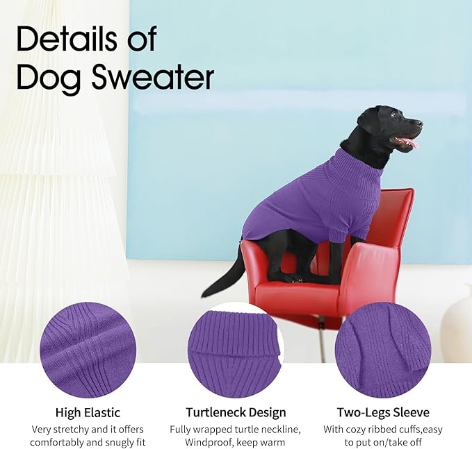 IECOii XXL Dog Sweater,Knit Big Dog Sweater Christmas,Pet Turtleneck Doggy Sweatshirt for Extra Large Dogs boy Girl,Large Size Dog Cold Weather Outfit English Bulldog Clothes for Winter(Purple XXL) - PAWPICO