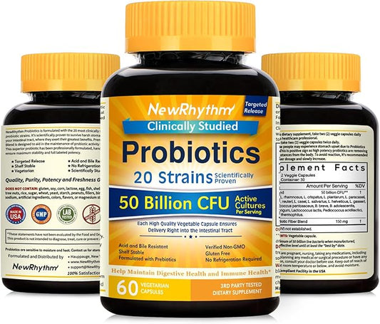 NewRhythm Probiotics 50 Billion CFU 20 Strains, 120 Veggie Capsules, Targeted Release Technology, Stomach Acid Resistant, No Need for Refrigeration, Non-GMO, Gluten Free NewRhythm