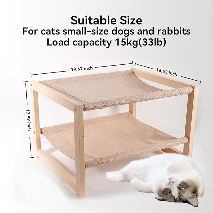 2 Tier Cat Hammock Bed, Elevated Wooden Pet Bunk Beds for Indoor Cats, Double Wooden Cat Bed, Solid Wood Raised Hanging Bed for 1 or 2 Cats Breathable Washable Covers - PAWPICO
