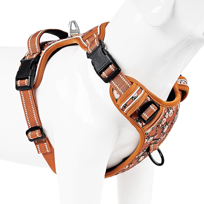Timos Dog Harness for Large Dog, No Pull Service Vest with Reflective Strips and Control Handle,No Choke Dog Harness with 2 Metal Rings for Easy Walking,Outdoor Training,Flower Orange, L Timos