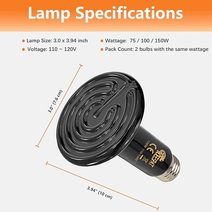 High Efficiency 75W Ceramic Heat Emitters, Pack of 2 Reptile Heat Lamp Bulbs for Bearded Dragon, Lizard, Iguana, Geckos & Small Pets Basking (Black, 75 Watts) BOEESPATDirect