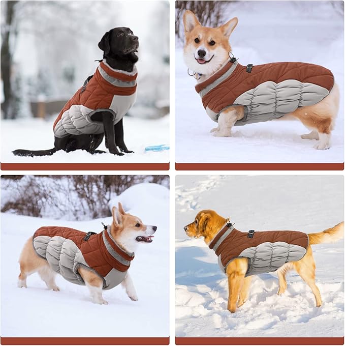 FUAMEY Dog Coat,Warm Dog Jacket Winter Coat Paded Dog Fleece Vest Reflective Dog Cold Weather Coats with Built in Harness Waterproof Windproof Dog Snow Jacket Clothes with Zipper Brown XX-Large - PAWPICO