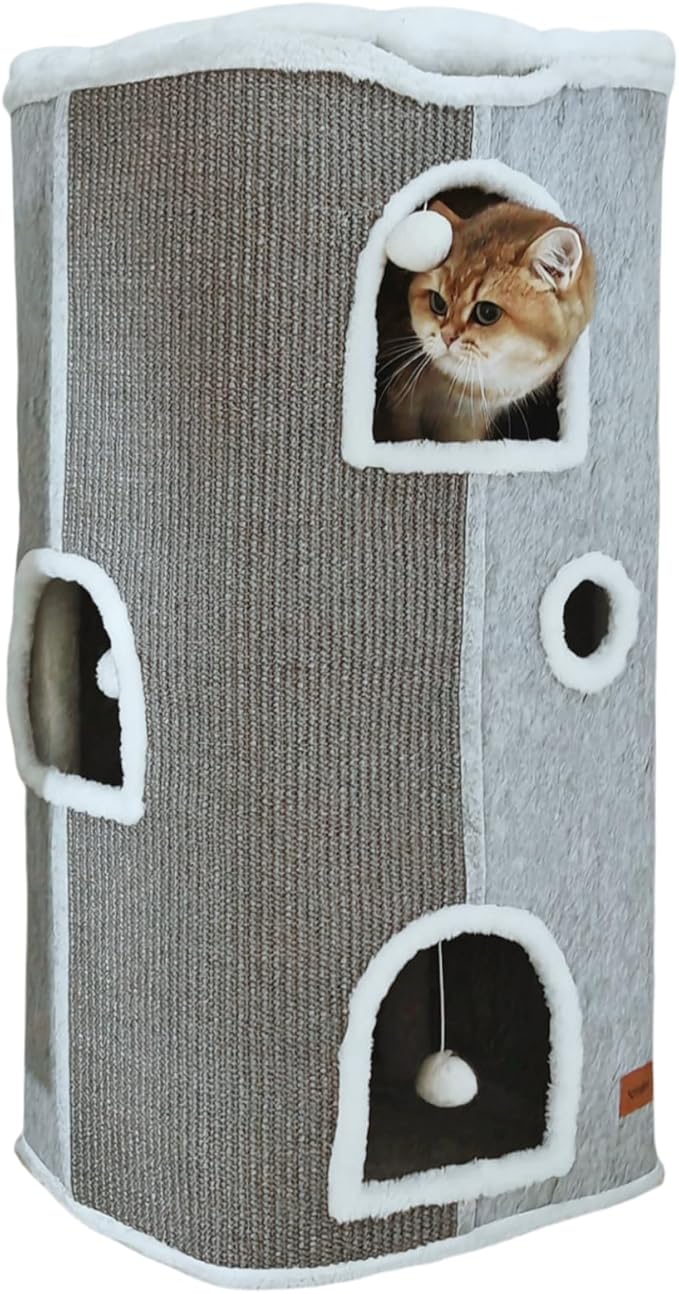 4-Level Cat House for Indoor Cats, Large Adult Cat Peekaboo Cave Bed Cats Cube Houses with Scratch Pad Cat Towers Cute Kitten Condo Hideaway Hut for Multi Pets Under 55 lbs Light Grey - PAWPICO