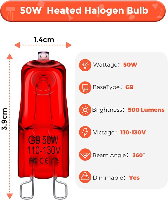 Reptile Heat Bulb, 50W Infrared Heat Lamp Bulbs for Reptiles, G9 Dimmable Red Night Light UVA Amphibians Heat Lamp, 2 Pin Base Mini Heat Bulbs, Bearded Dragon, Turtle Lizard, 4 Pack Total 200W Flaspar
