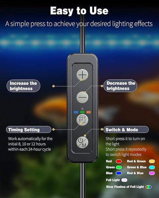 Pawfly 5.5 W Aquarium LED Light 19 Inch Underwater Fish Tank Light with Timer Auto On/Off Fish Tank Background Light with 8 Lighting Modes Submersible Multi-Colored Tube Light for Decoration Pawfly