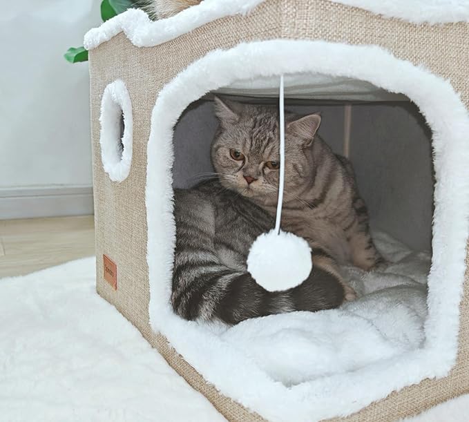 Large Cat Bed for Indoor Cats, Foldable Adult Cat Cave Anti Anxiety Cat House Cube with Scratch Pad Cat Towers, Cute Kitten Condo Hideaway Hut with Soft Pillow Mat for 2 Pets Under 30 lbs Kaki - PAWPICO
