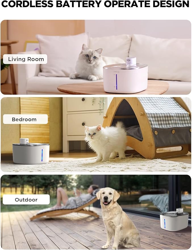 Wireless Cat Water Fountain Battery Operated, FEELNEEDY 4L/135 fl oz Pet Water Fountain for Cats and Dog with Motion Sensor, Ultra Quiet Cat Drinking Fountain with 6 Filters (YPD-C004P), White - PAWPICO