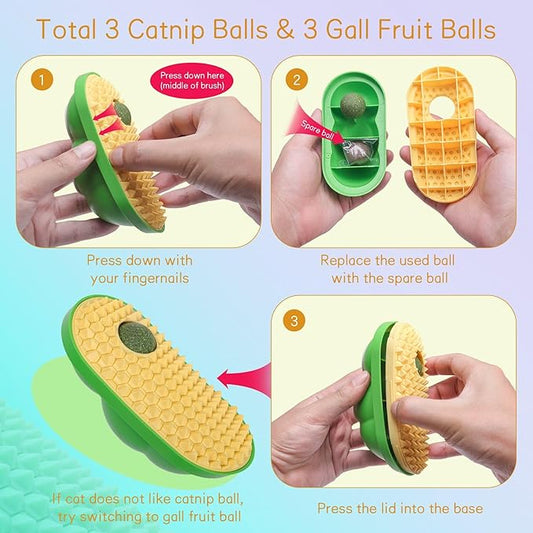 SEVENKA 2 Cat Toys Self-Grooming Cat Brush with 3 Catnip Balls & 3 Gall Fruit, Kitty Kitten Scratcher Self Groomer Catnip Toys for Indoor Cats, Chew Toys Wall Corner Brushes Edible Wall Treats, Yellow - PAWPICO