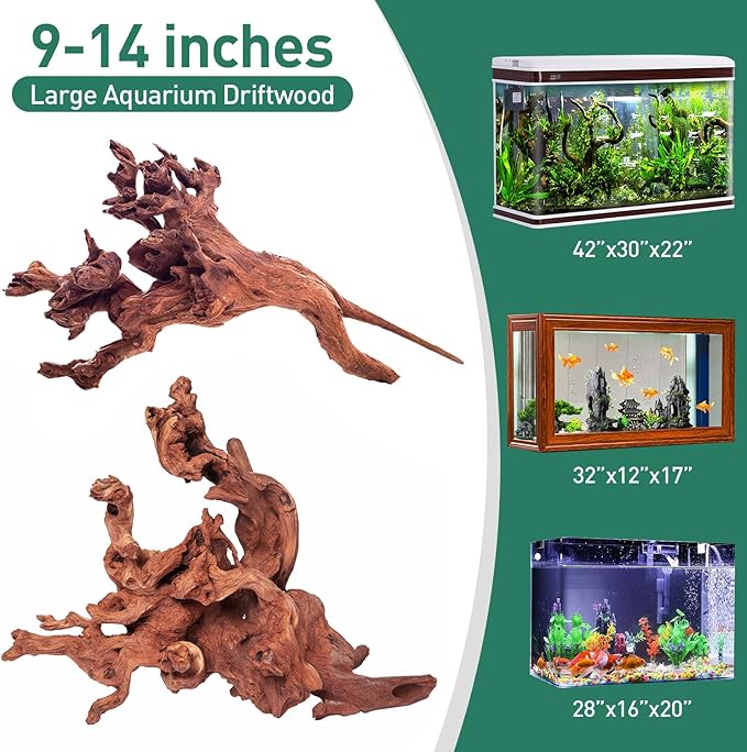 WDEFUN Natural Driftwood for Aquarium Decor, 2-Piece 10''-14'' Large Driftwood for Decorations on Fish Tank, Reptiles Bearded Dragon Accessories or Air Plants WDEFUN