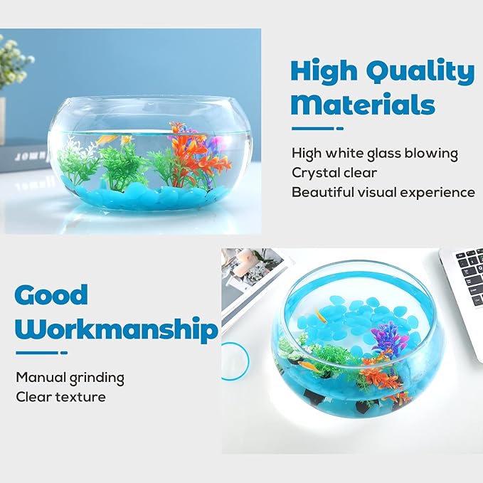 1 Gallon Glass Fish Bowl with Decor, Include Fluorescent Rocks & Colorful Plastic Trees, High White Glass for Clear View, Small Fish Bowl/Aquarium for Betta/Goldfish, Nice Home Décor LAQUAL