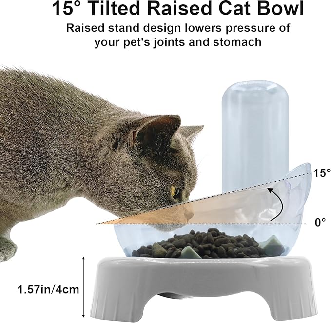 Triple Cat Bowls,15°Tilt 3-in-1 Water Feeder Bowls Cat Double Food Bowls with Automatic Water Bottle Bowl, Whisker Friendly Wet and Dry Cat Elevated Feeding Dishes for Small Cat and Puppy (Lead White) - PAWPICO