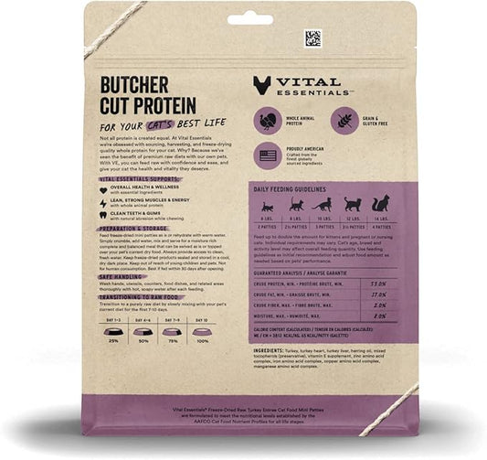 Vital Essentials Freeze Dried Raw Cat Food, Turkey Mini Patties Entree, 8 oz VitalEssentials
