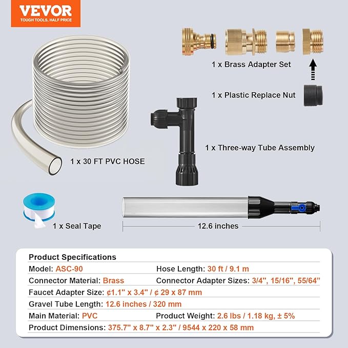 VEVOR Aquarium Vacuum Gravel Cleaner, 30ft PVC Hose Fish Tank Vacuum Gravel Cleaner, Siphon Fish Tank Cleaner Vacuum, 3 Types of Brass Adapters, for Fish Tank Cleaning Gravel & Sand VEVOR