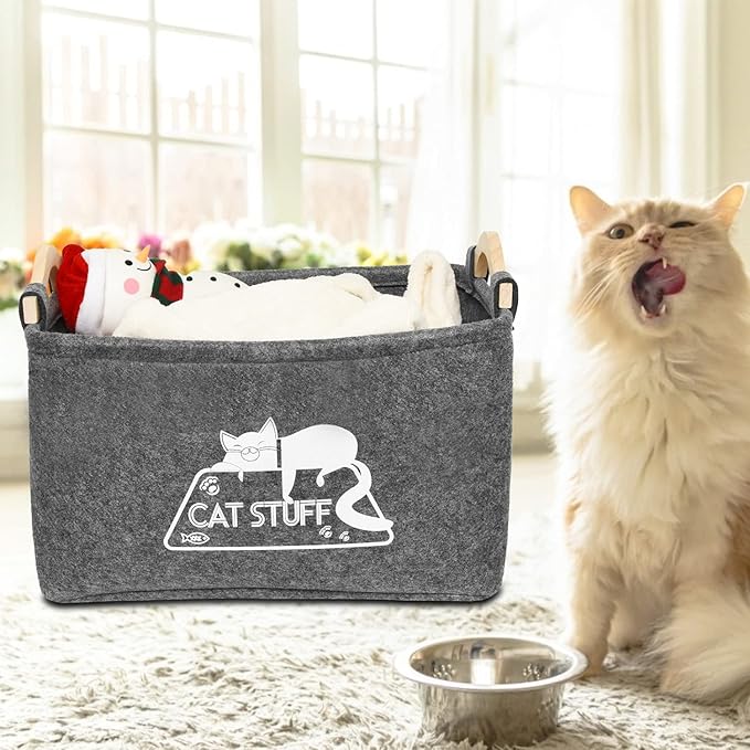 Cat Toy Box, Cat Toy Storage Basket with Handles, Felt Pet Toy Basket Pet Supplies Storage Bin, Perfect for Organizing Cat Toys and Accessories - PAWPICO