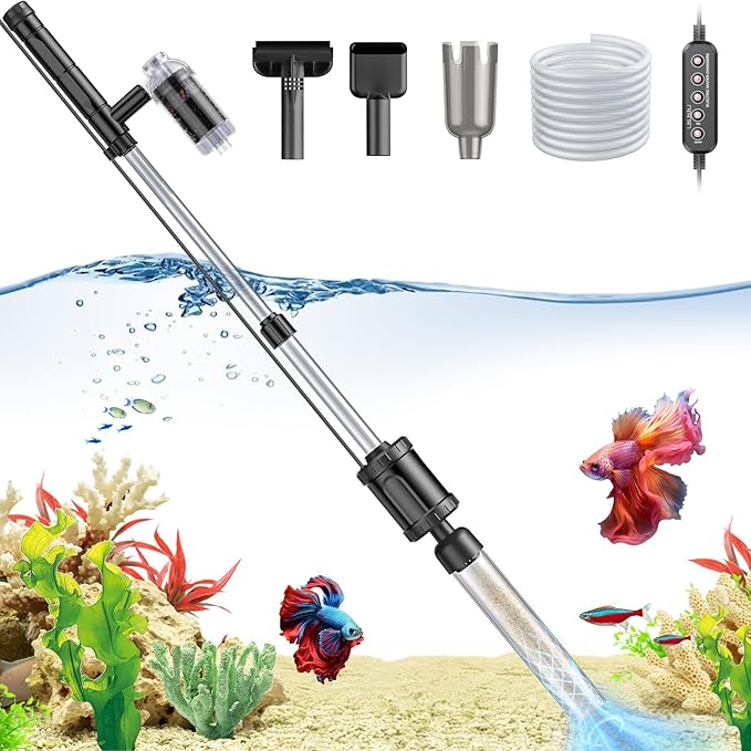 AKKEE Aquarium Vacuum Gravel Cleaner, 8 in 1 Multifunctional 36W Fish Tank Gravel Cleaner Vacuum for Water Changer Wash Sand Water Filter Circulation Aquarium Vacuum Cleaner with Timed Off, Black AKKEE