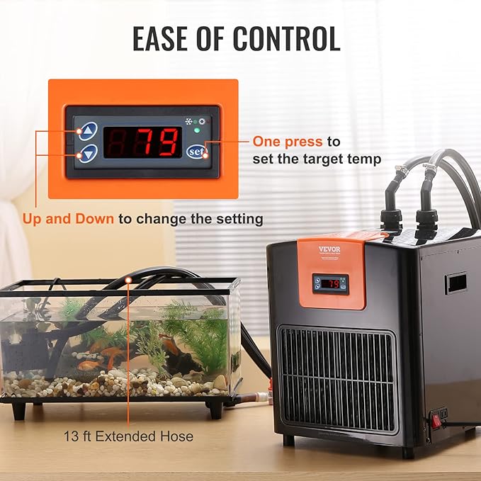 VEVOR Aquarium Chiller, 92 Gal 348 L, 1/4 HP Hydroponic Water Chiller, Quiet Refrigeration Compressor for Seawater and Fresh Water, Fish Tank Cooling System with Pump/Hose, for Jellyfish, Coral Reef VEVOR