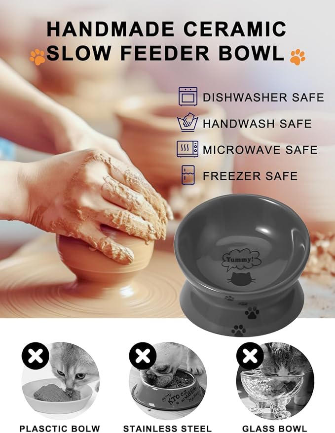 Y YHY Raised Cat Food Bowl, Ceramic Elevated Cat Bowl, Title Angle Protect Cat's Spine, Anti Vomiting Cat Dish, Backflow Prevention, Grey - PAWPICO