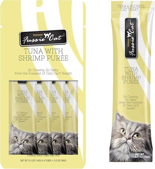 Fussie Cat Tuna with Shrimp Puree, lickable cat Treats, 0.5oz Pouch Pack of 4 - PAWPICO