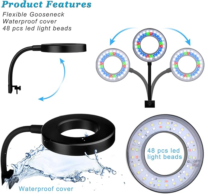 DOMICA Clip On Aquarium Light for 1 to 3 Gal Fish Tank (Dimmable White+Blue+Red LED) USB Moving Lamp for Open Terrarium (Adapter NOT Included) DOMICA