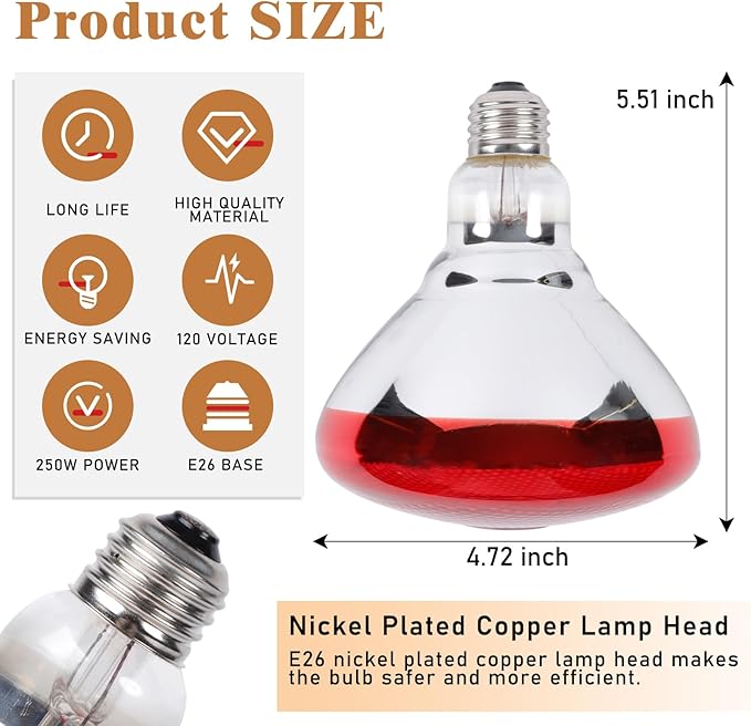 250W Red Heat Lamp Bulbs for Chicken,Infrared Flood Light Heat Lamp Bulb, Incandescent Light Heat Lamps for Chicks, Reptile, Pets, Par38 Glass E26 Base REPTIHOME