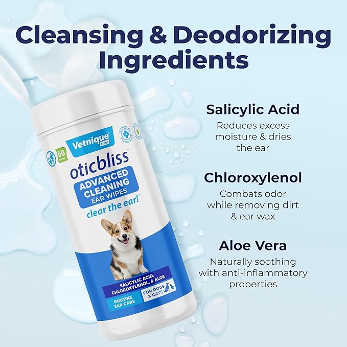 VETNIQUE Oticbliss Advanced Cleaning Ear Wipes for Dogs for Odor Control, Dirt and Wax Removal with Soothing Aloe Vera, Salicylic Acid & Vitamin E, (Ear Cleaning Wipes, Advanced Cleaning Large) VetniqueLabs