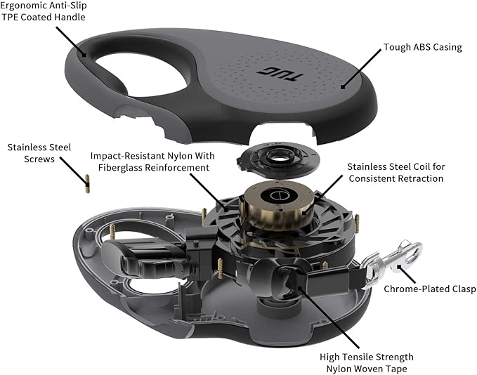 TUG 360° Tangle-Free Retractable Dog Leash with Anti-Slip Handle | 16 ft Strong Nylon Tape | One-Handed Brake, Pause, Lock (Small, Grey) TUG