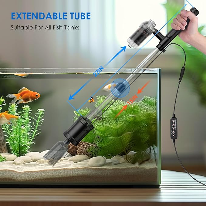 36W Fish Tank Vacuum Gravel Cleaner Electric: Aquarium Vacuum Gravel Cleaner with Strong Suction for Automatic Water Change Algae Cleaner Sand Wash Water Circulation and Water Shower, Timed Off Suness