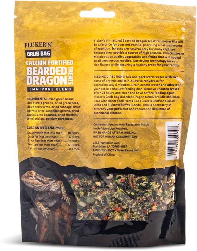 Fluker's Grub Bag Calcium Fortified Treats, All Natural Omnivore Blend Packed with Protein, Fruits, and Vegetables, for Bearded Dragons and Reptiles, 4 oz Flukers