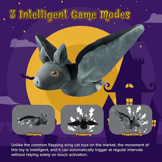 LEWISER Cat Toys, Rechargeable Intelligent Flapping Bat, Suitable for Cat Teaser Stick, Halloween Hanging Interactive Cat Toys for Indoor Cats Chase Exercise, Vivid Chirping, 3 Modes - PAWPICO