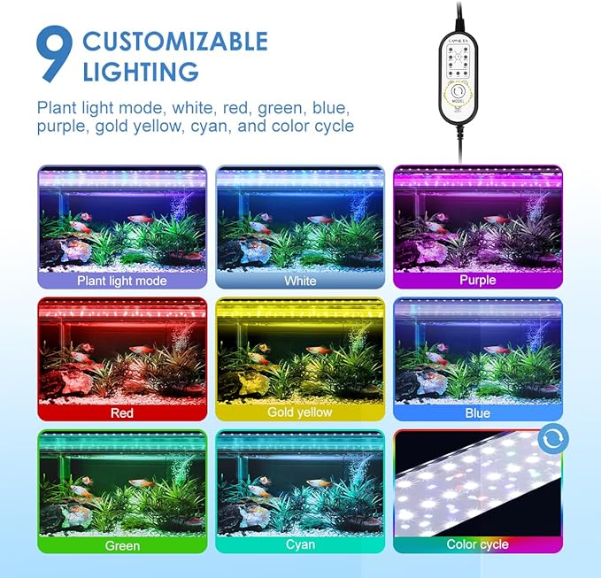 Aquarium Light,14W 24/7 Natural Mode,9 Light Modes(Water Grass Mode & 7 Colors & Cycle),Adjustable Timer and 7 Color Brightness - with Expandable Mounting Bracket for 12~18IN Fish Tank GAMALTA
