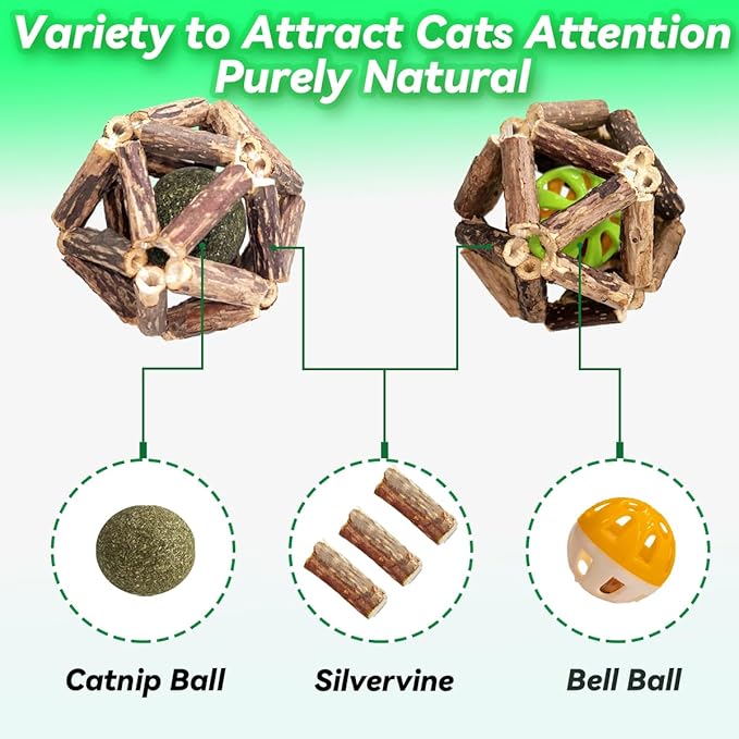 Cat Catnip Toys 3 Packs Catnip Ball Toys, Nature Silvervine Stick Cage Cat Bell Balls, Catnip Toys for Cleaning Teeth, Relaxing Cats, Cat Toys for All Breeds - PAWPICO
