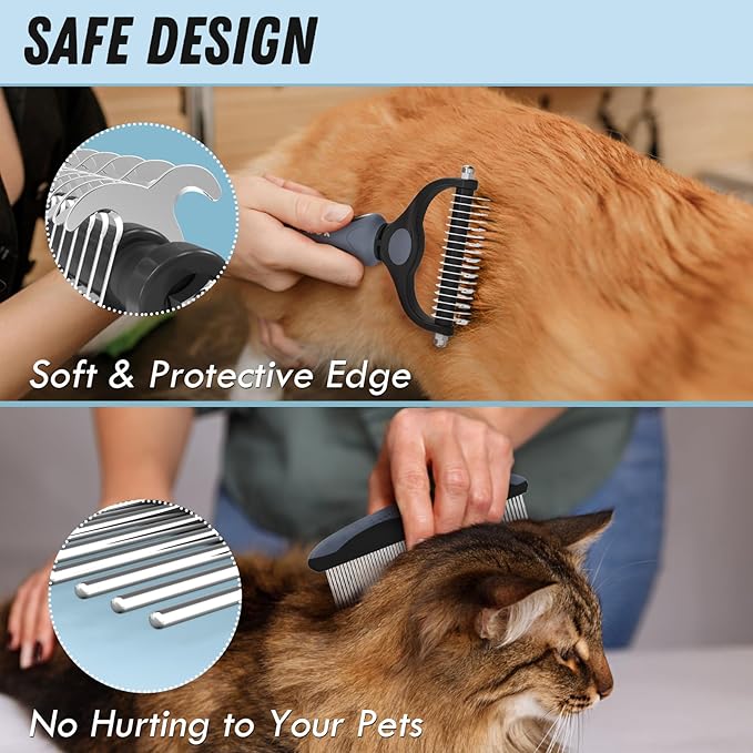 Pet Grooming Brush and Metal Comb Combo, Cat Brush Dog Brush for Shedding, Undercoat Rake for Dogs Grooming, Dematting Deshedding Brush Dogs Shedding Tool for Long matted Haired Pets, Gray - PAWPICO