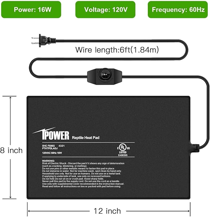 iPower 8 by 12-Inch 16 Watts Reptile Heating Mat with Temperature Controller Under Tank Warmer Terrarium Heat Pad for Reptiles and Amphibians, Black iPower