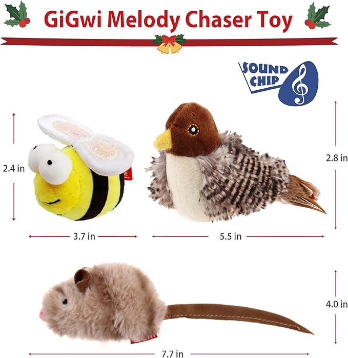 Gigwi Interactive Cat Toy Set, Squeaky Cat Feather Toys for Indoor Cats, 3PCS Cat Plush Toy Pack Including Mouse Hunt Cat Toy, Cat Chase Bird Toy, Cat Chirping Bee Toy - PAWPICO