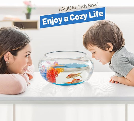 2 Gallon Glass Fish Bowl with Decor, Include Fluorescent Stones & Colorful Plastic Trees, High White Glass for Clear View, Small Fish Bowl/Vase/Aquarium for Betta Fish/Goldfish, Nice Home Décor LAQUAL