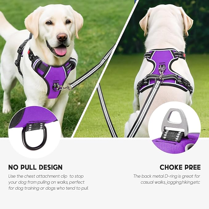 Timos Dog Harness Large Sized, No Pull Dog Harness with Neck Lockable Snap,No Choke Front Clip Dog Reflective Harness,Adjustable Metal Rings 3 Buckles,Easy Control Handle for Large Dogs Purple XL Timos