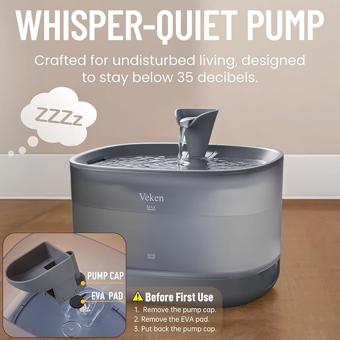 Veken Cat Water Fountain, 84oz/2.5L Automatic Pet Water Fountain Dog Water Dispenser with a Detachable Water Tank, Easy Cleaning for Cats, Dogs (Grey) - PAWPICO