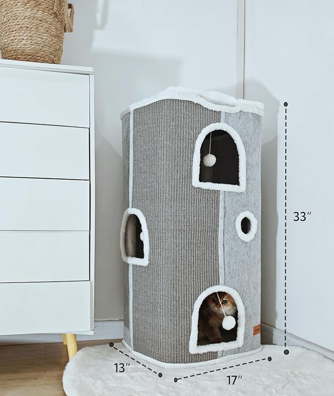 4-Level Cat House for Indoor Cats, Large Adult Cat Peekaboo Cave Bed Cats Cube Houses with Scratch Pad Cat Towers Cute Kitten Condo Hideaway Hut for Multi Pets Under 55 lbs Light Grey - PAWPICO