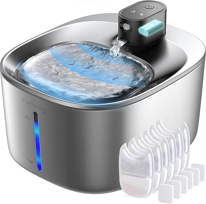 Cat Water Fountain Wireless, Battery Operated, 4L/135fl oz Stainless Steel Pet Water Fountain for Cats Dogs with Motion Sensor, Ultra Quiet Cat Drinking Fountain with 6 Filters (YPD-C004S) - PAWPICO