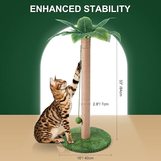 Odoland Cat Scratching Post - Indoor 33 inch Palm Tree Sisal Scratch Posts with Dangling Balls for Kitten and Large Cat - Vertical Scratcher Cute Cat Scratching Post Fun Cat Toy Green - PAWPICO